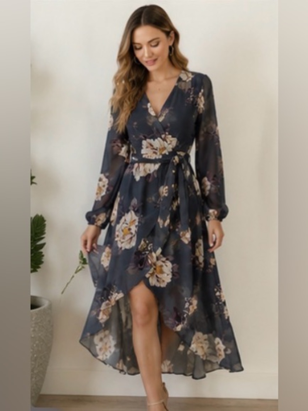 Lily Rose Floral Wrap Maxi Dress Blue Cream Long Sleeve Size Large